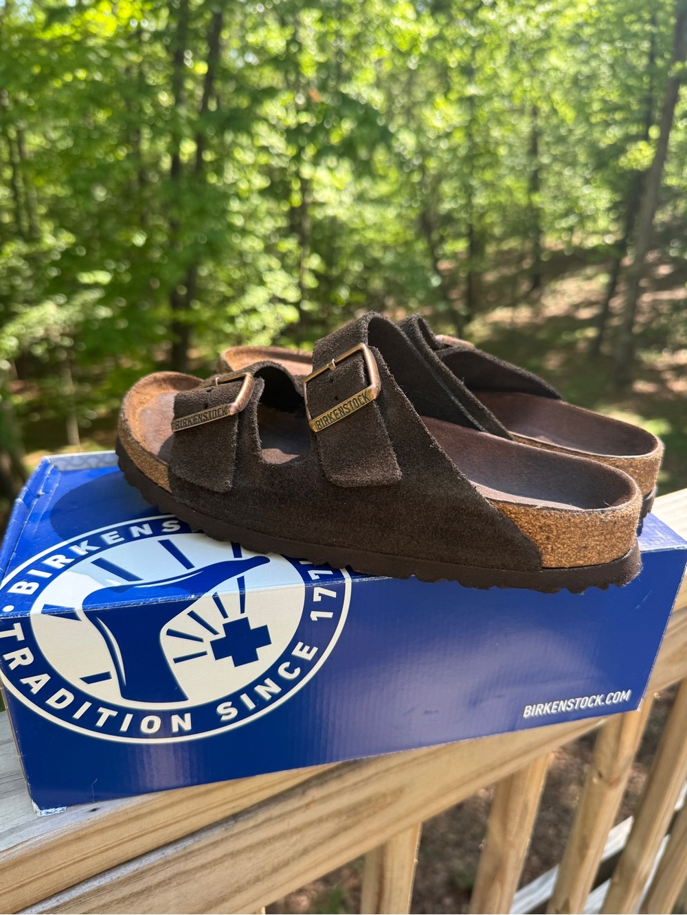 Birkenstock Arizona Suede Two-Strap Sandals in Mocha